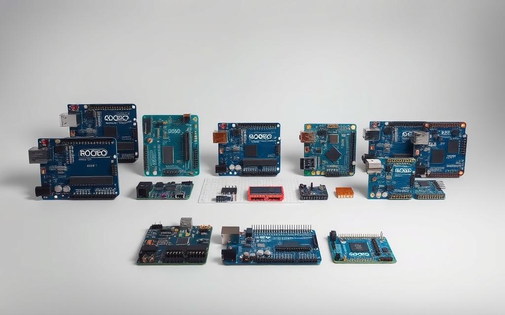 A detailed array of Arduino board models, showcased against a clean, minimalist backdrop. The foreground features an assortment of Arduino Uno, Mega, Nano, and other variants, artfully arranged to highlight their distinct form factors and connectivity options. The middle ground presents a subtle grid layout, emphasizing the technical nature of the subject matter. The background maintains a soft, neutral tone, allowing the boards to take center stage. Crisp lighting accentuates the sleek, modern design of the Arduino boards, conveying a sense of precision and innovation. The overall composition exudes a professional, informative atmosphere suitable for an educational article on Arduino robotics.