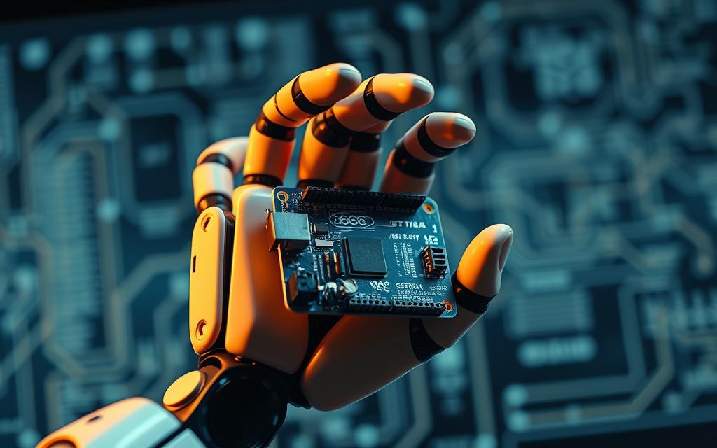 A high-quality, detailed image of a robotic hand holding an Arduino board, showcasing programming and coding concepts. The hand should be illuminated with warm, soft lighting, creating a sense of technical innovation and creativity. In the background, a blurred schematic diagram or circuit board pattern adds depth and a conceptual, educational atmosphere. The composition should be well-balanced, with the Arduino board and hand as the focal point, conveying the idea of "Cómo programar tu robot Arduino" in a visually compelling and informative way.