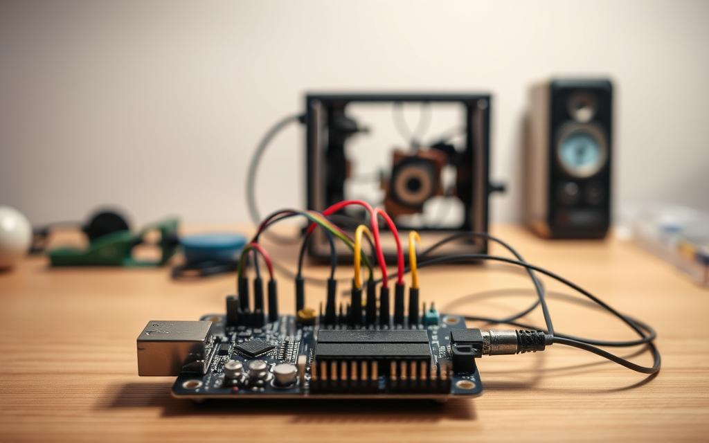 A practical Arduino project, showcased on a well-lit workbench against a neutral background. In the foreground, an Arduino board, various electronic components, and wires are arranged in an organized manner, suggesting an engaging hands-on experience. The middle ground features a 3D-printed enclosure or a simple project case, hinting at the functional application of the Arduino setup. The background is softly blurred, allowing the viewer to focus on the intricate details of the project. The overall mood is one of curiosity and exploration, inviting the viewer to dive into the world of Arduino-based robotics.