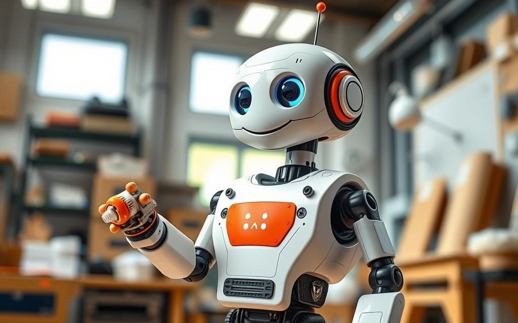 A robot with a vibrant and playful personality, standing in a well-lit, modern workshop setting. It has a toothbrush-shaped appendage attached to its arm, with a small vibrating motor that adds a sense of movement and interactivity. The robot's expression is curious and engaging, inviting the viewer to imagine its potential uses in practical robotics projects for beginners. The scene conveys a sense of approachability and accessibility, reflecting the subject matter of "Easy Robotics: Ideas and Projects to Get Started" and the section on "Practical Robotics Projects for Beginners".