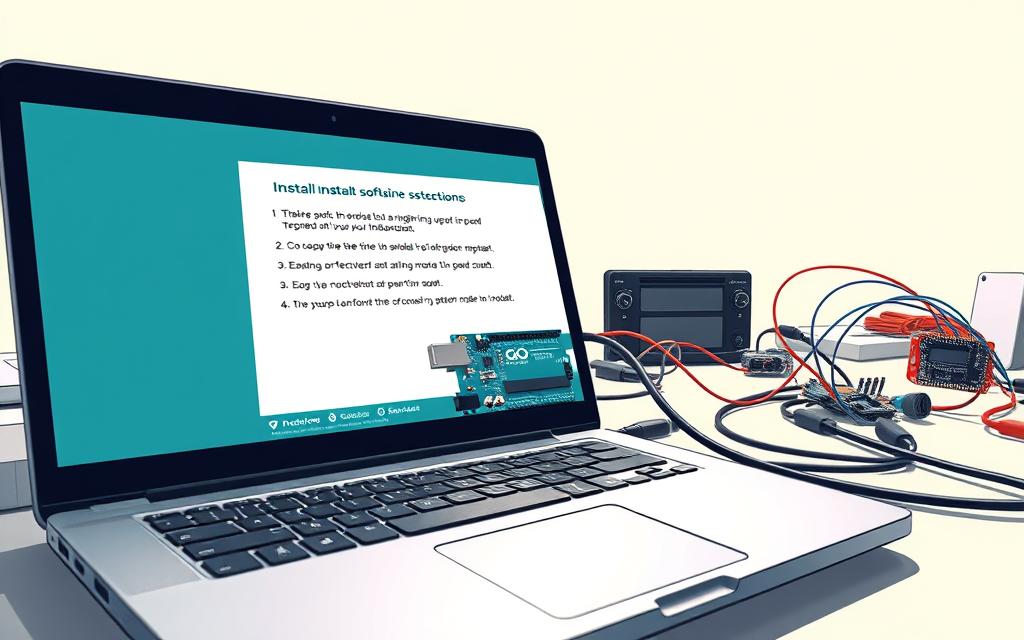 A well-lit, meticulously detailed technical illustration of an Arduino software installation process. In the foreground, an open laptop displays step-by-step installation instructions. In the middle ground, an Arduino board and a USB cable are prominently featured, conveying the hands-on nature of the process. The background showcases a clean, minimalist workspace with various electronics components, subtly hinting at the broader scope of Arduino projects. The overall mood is one of focused, systematic exploration, encouraging the viewer to embark on their own Arduino journey.