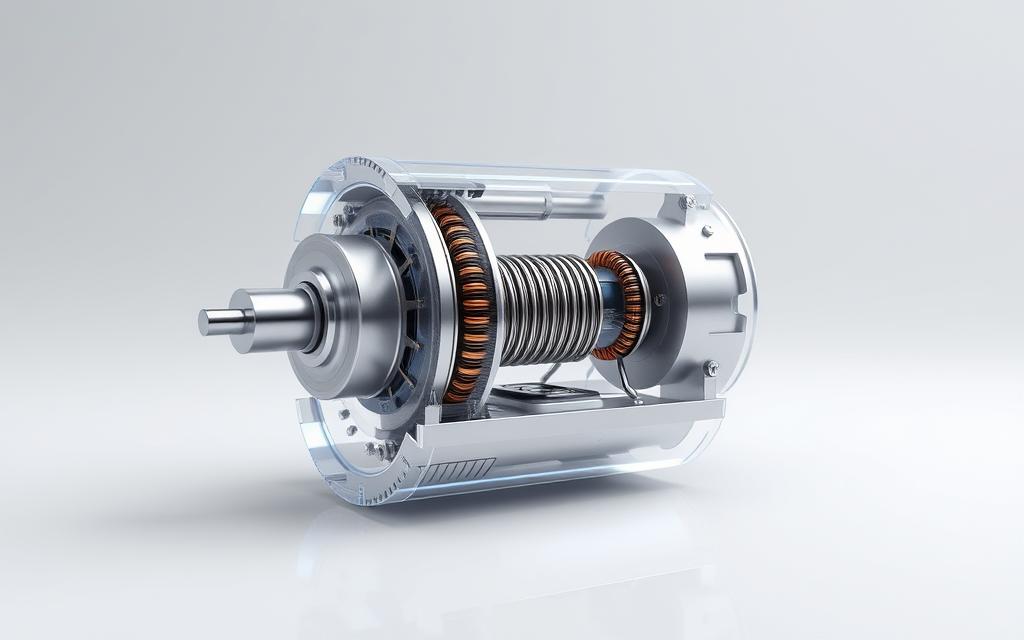 Detailed cutaway diagram of a vibrating motor mechanism, rendered in a clean, technical style. Crisp cross-section view showcasing the internal components - eccentric weight, electromagnetic coil, suspension springs - that generate the vibrating motion. Precise engineering schematics with labeled parts. Bright, neutral lighting illuminates the intricate mechanics. Minimal background, keeping the focus on the vibrating motor's functional design. Subtle ambient shadows and reflections add depth and realism. An informative, visually striking image to illustrate the workings of a common vibrating actuator used in home robotics.